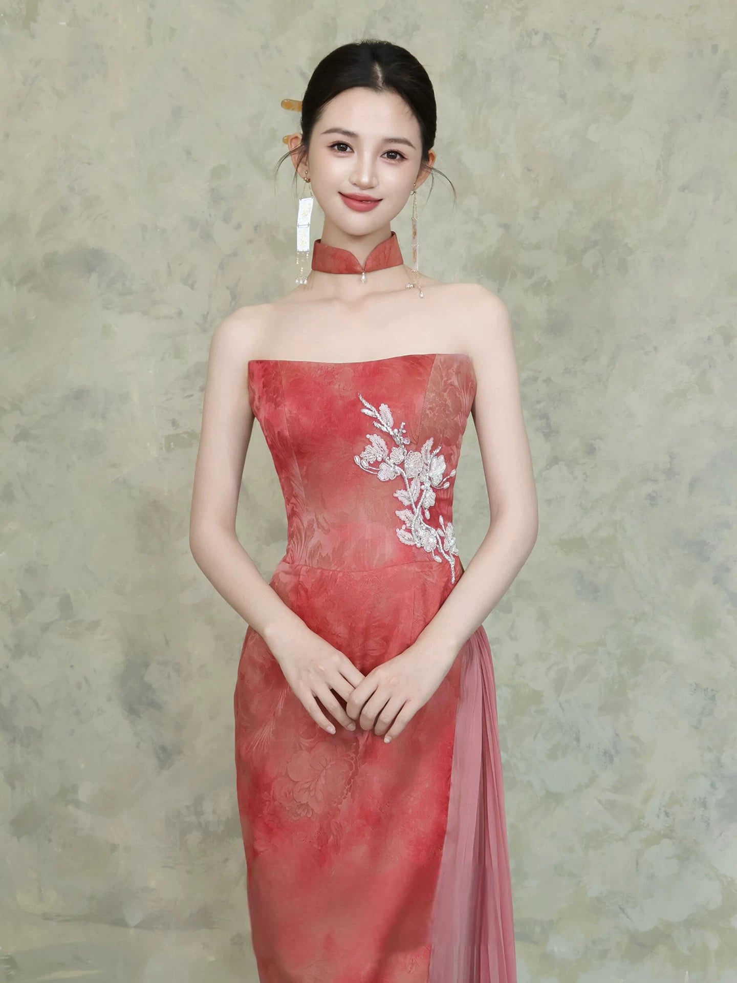 Fashionable Strapless Tulle Jacquard Prom Dress Appliques Sheath Evening Dress AP7100