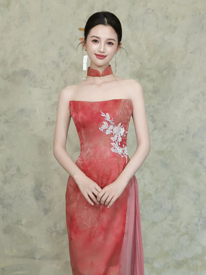 Fashionable Strapless Tulle Jacquard Prom Dress Appliques Sheath Evening Dress AP7100
