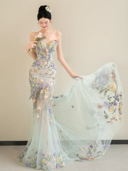 French Style Strapless Tulle Floral Prom Dress Sequins Appliques Mermaid Evening Dress AP7101