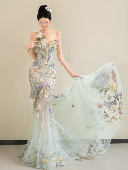 French Style Strapless Tulle Floral Prom Dress Sequins Appliques Mermaid Evening Dress AP7101