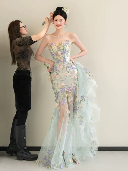 French Style Strapless Tulle Floral Prom Dress Sequins Appliques Mermaid Evening Dress AP7101