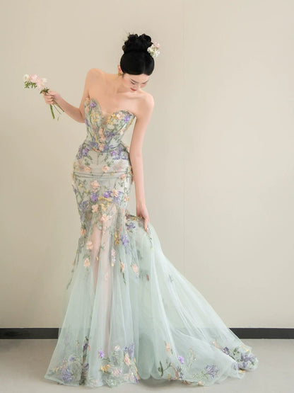 French Style Strapless Tulle Floral Prom Dress Sequins Appliques Mermaid Evening Dress AP7101