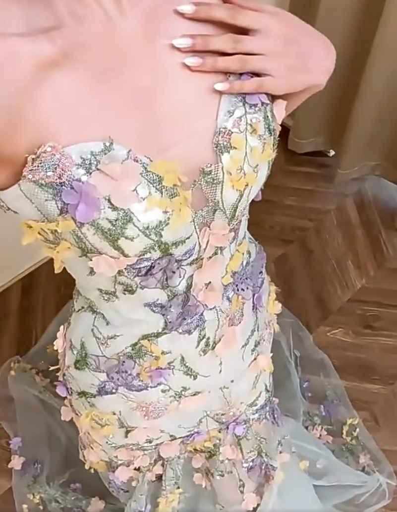 French Style Strapless Tulle Floral Prom Dress Sequins Appliques Mermaid Evening Dress AP7101