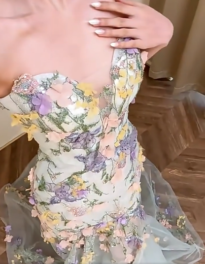 French Style Strapless Tulle Floral Prom Dress Sequins Appliques Mermaid Evening Dress AP7101