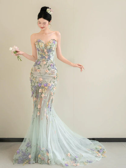 French Style Strapless Tulle Floral Prom Dress Sequins Appliques Mermaid Evening Dress AP7101