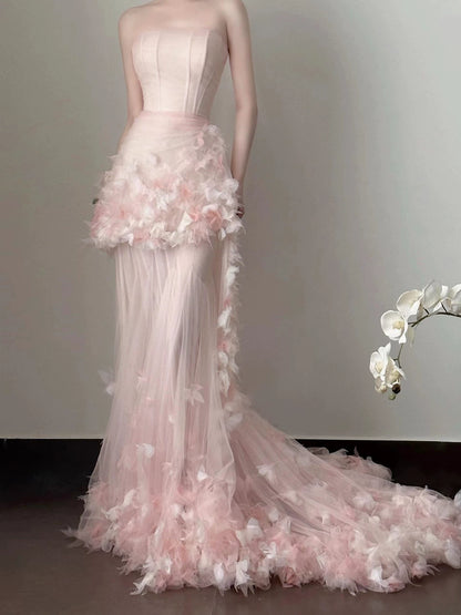 Charming Tulle Mermaid Pink Prom Dress Strapless Appliques Tiered Evening Dress AP7102