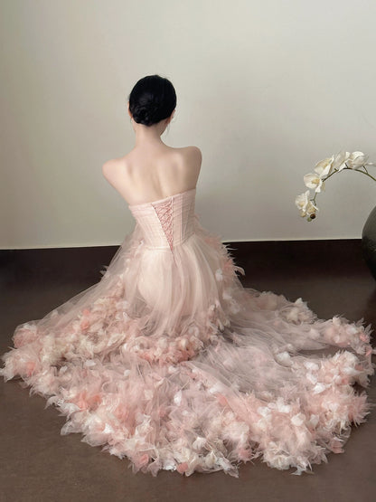 Charming Tulle Mermaid Pink Prom Dress Strapless Appliques Tiered Evening Dress AP7102