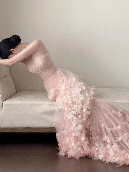 Charming Tulle Mermaid Pink Prom Dress Strapless Appliques Tiered Evening Dress AP7102