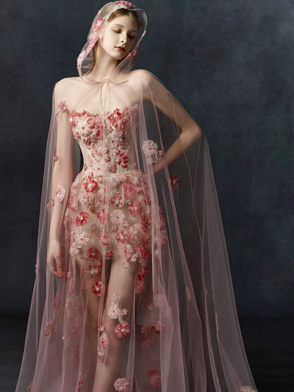 Dopamine Style Strapless Pink Prom Dress Appliques Beads A-Line Formal Gowns AP7103