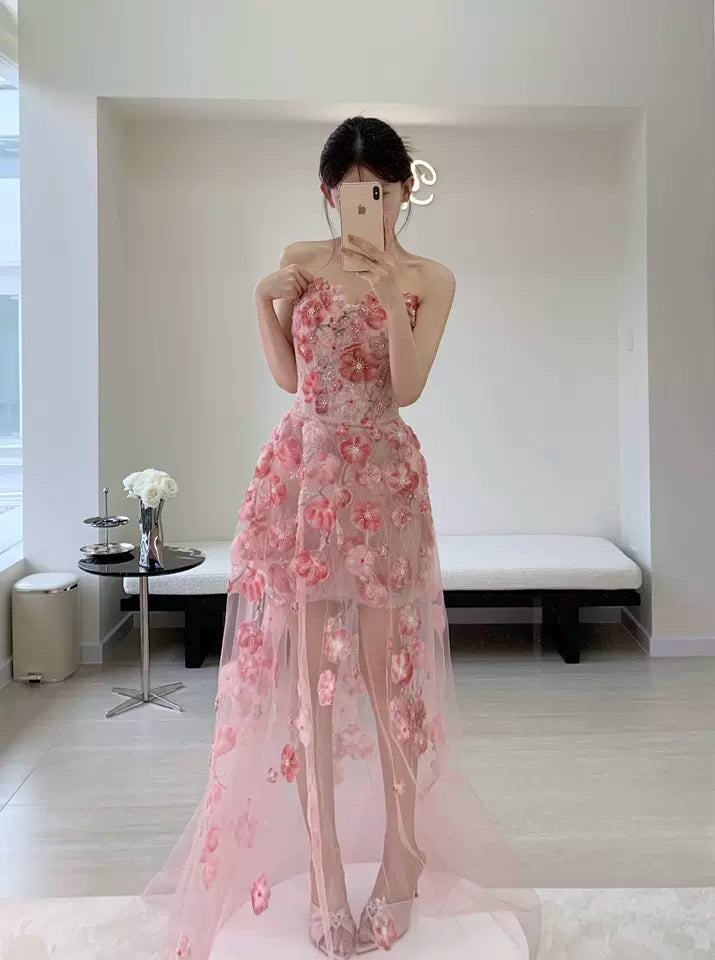 Dopamine Style Strapless Pink Prom Dress Appliques Beads A-Line Formal Gowns AP7103
