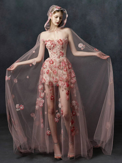 Dopamine Style Strapless Pink Prom Dress Appliques Beads A-Line Formal Gowns AP7103