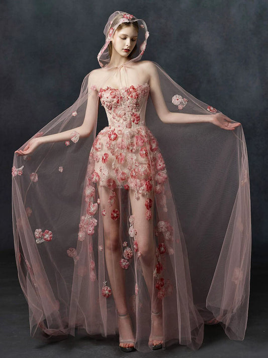 Dopamine Style Strapless Pink Prom Dress Appliques Beads A-Line Formal Gowns AP7103