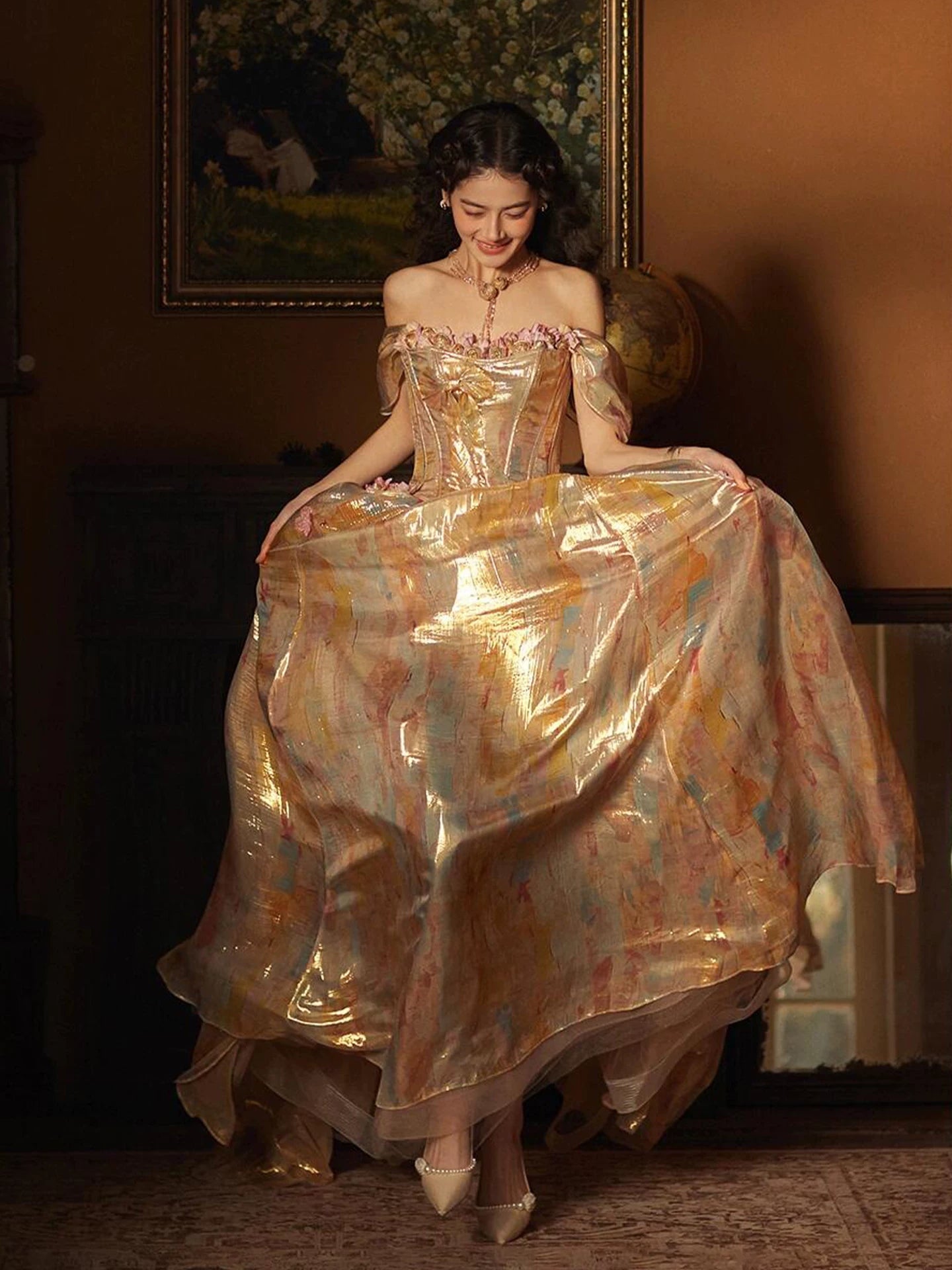 Flowy Off-Shoulder Gold Prom Dress Appliques Bow A-Line Formal Gowns AP7104