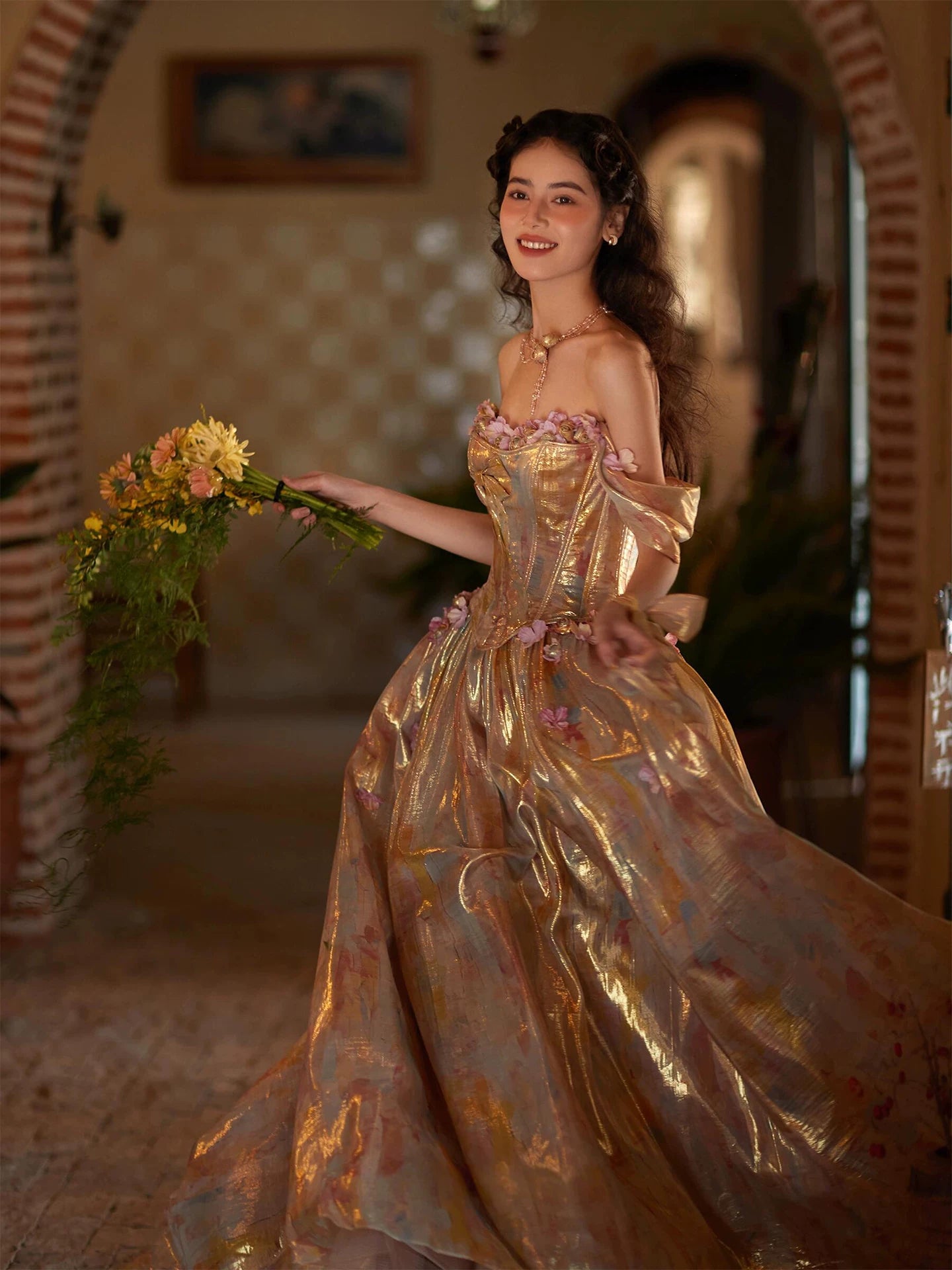 Flowy Off-Shoulder Gold Prom Dress Appliques Bow A-Line Formal Gowns AP7104