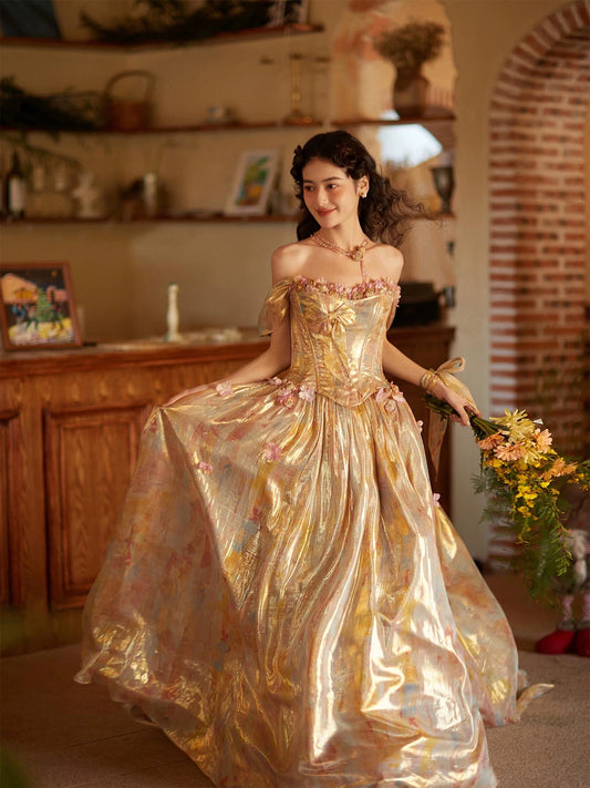 Flowy Off-Shoulder Gold Prom Dress Appliques Bow A-Line Formal Gowns AP7104