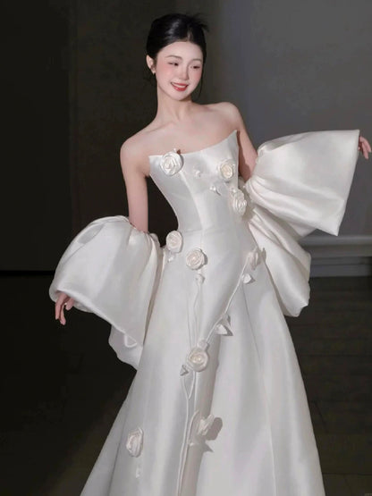 Adorable Strapless A-Line Wedding Dress With Shawl Appliques Satin Bridal Dress AP7105