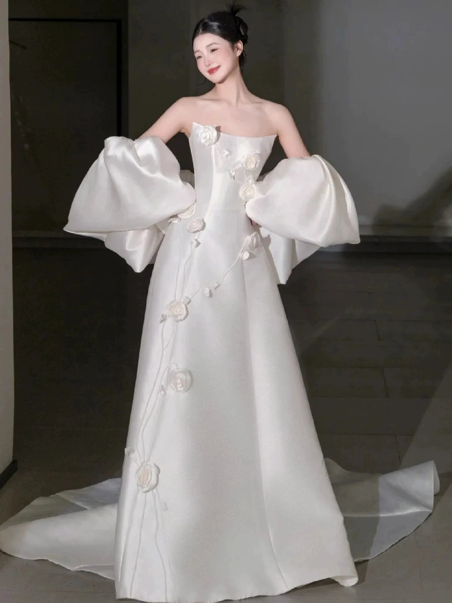 Adorable Strapless A-Line Wedding Dress With Shawl Appliques Satin Bridal Dress AP7105