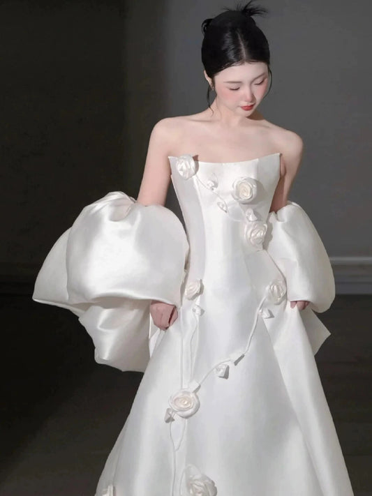 Adorable Strapless A-Line Wedding Dress With Shawl Appliques Satin Bridal Dress AP7105