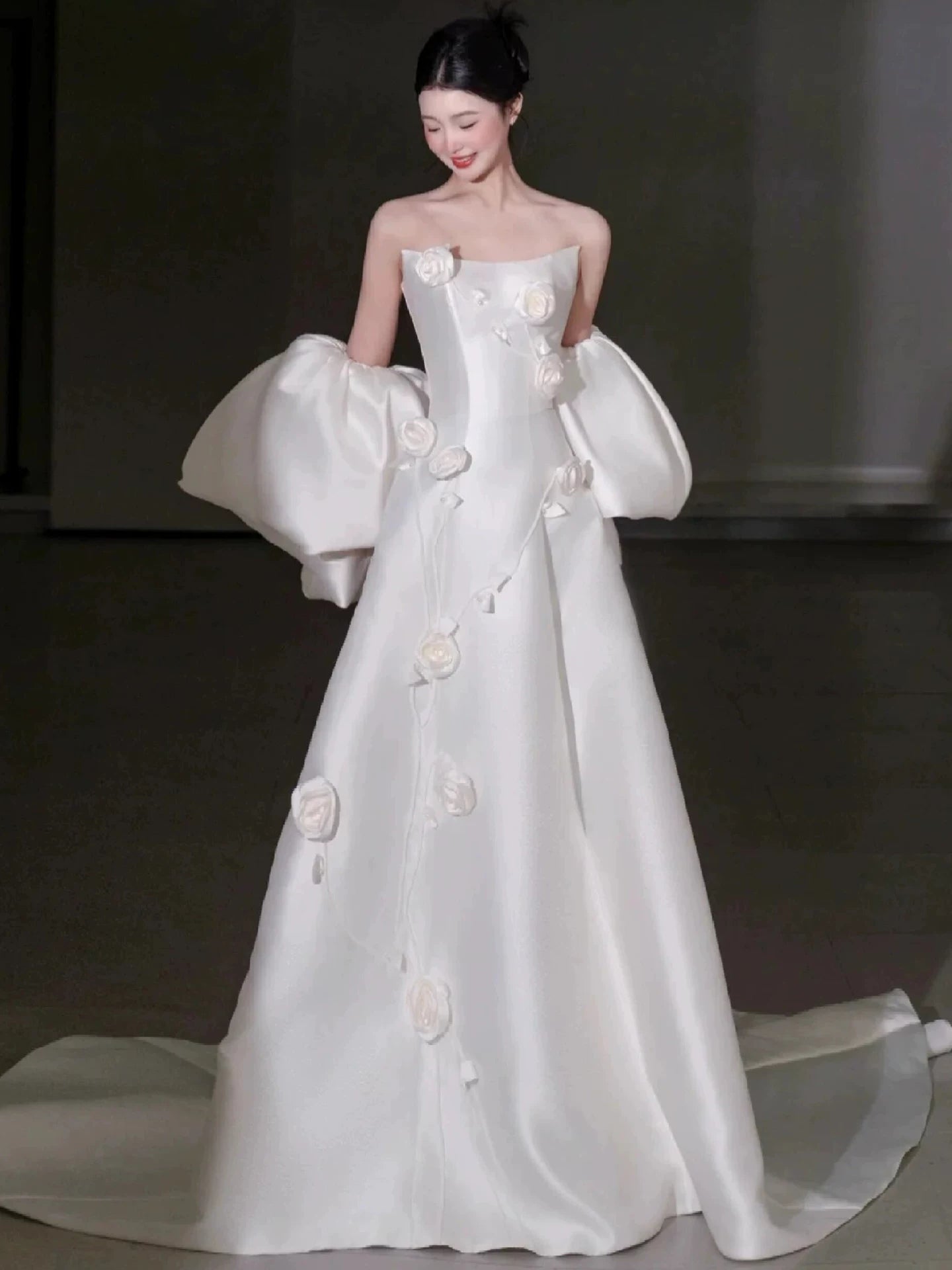Adorable Strapless A-Line Wedding Dress With Shawl Appliques Satin Bridal Dress AP7105