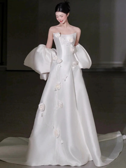 Adorable Strapless A-Line Wedding Dress With Shawl Appliques Satin Bridal Dress AP7105