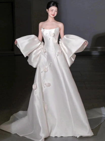 Adorable Strapless A-Line Wedding Dress With Shawl Appliques Satin Bridal Dress AP7105