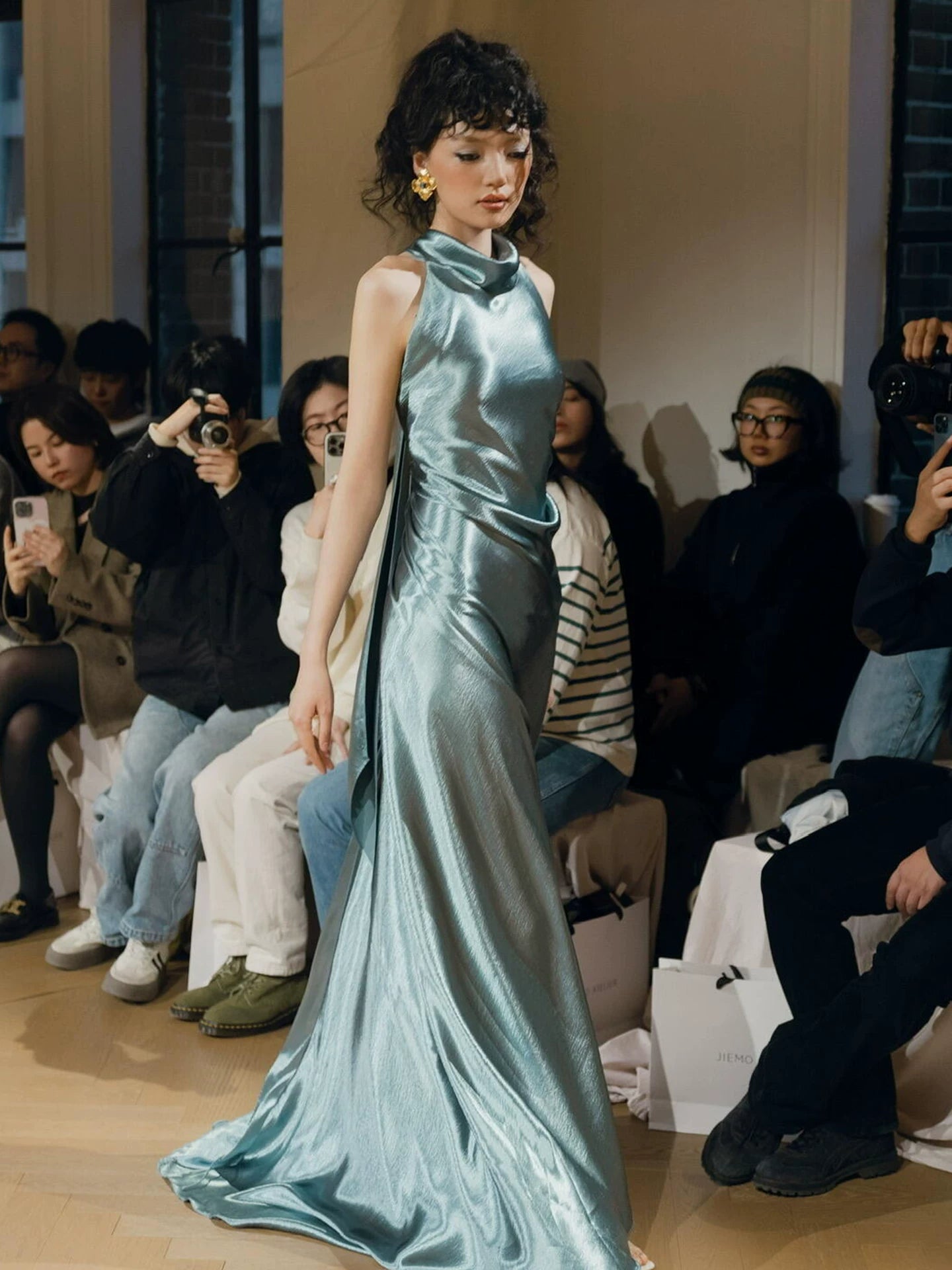 Playful Halter Neck Backless Teal Prom Dress Sheath Satin Evening Dress AP7106