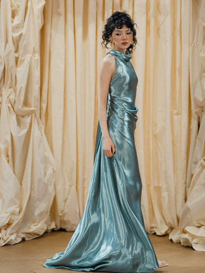 Playful Halter Neck Backless Teal Prom Dress Sheath Satin Evening Dress AP7106