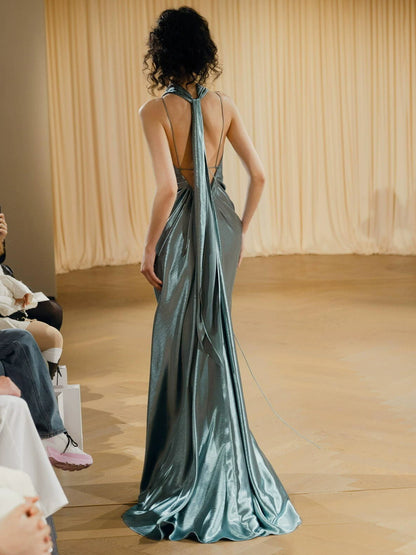Playful Halter Neck Backless Teal Prom Dress Sheath Satin Evening Dress AP7106