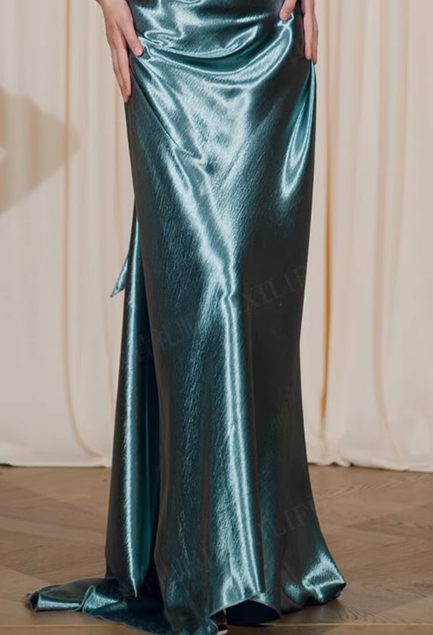Playful Halter Neck Backless Teal Prom Dress Sheath Satin Evening Dress AP7106