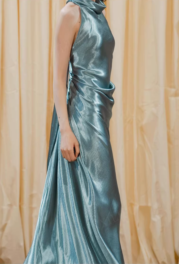 Playful Halter Neck Backless Teal Prom Dress Sheath Satin Evening Dress AP7106