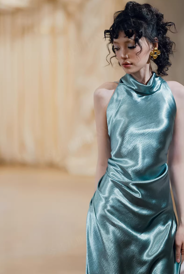 Playful Halter Neck Backless Teal Prom Dress Sheath Satin Evening Dress AP7106