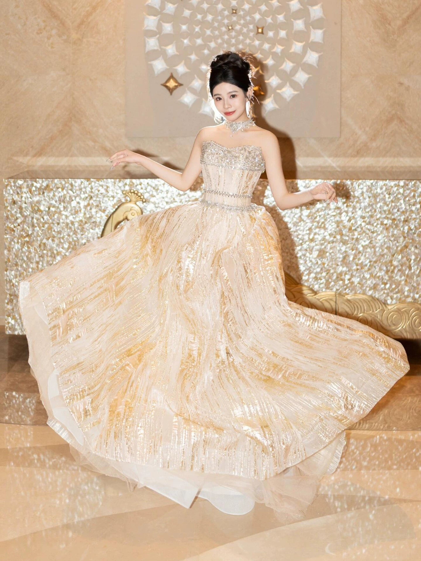 Bling Strapless Champagne Prom Dress Beading A-Line Formal Gowns AP7107