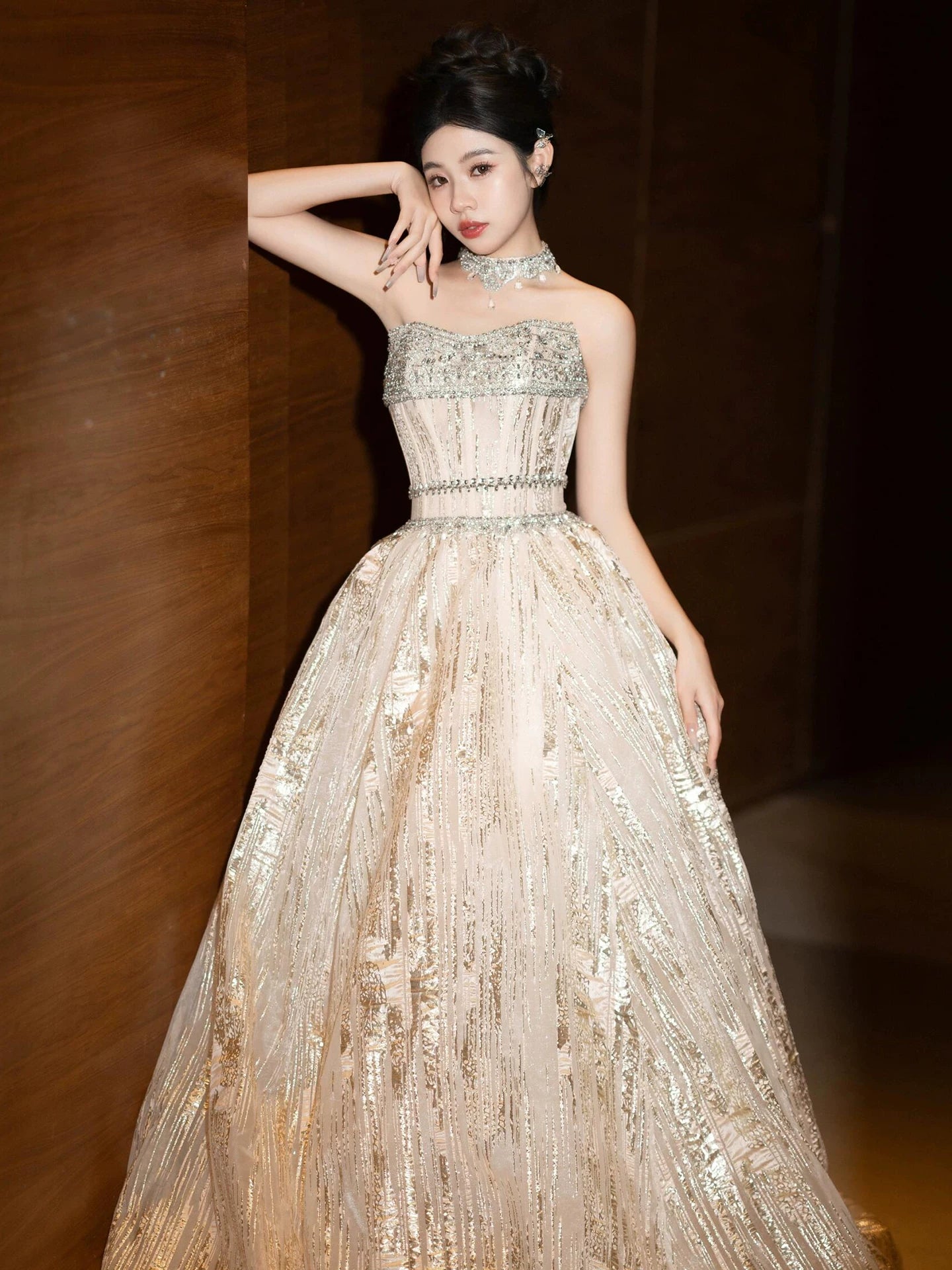 Bling Strapless Champagne Prom Dress Beading A-Line Formal Gowns AP7107