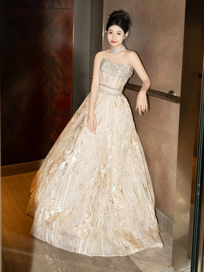 Bling Strapless Champagne Prom Dress Beading A-Line Formal Gowns AP7107