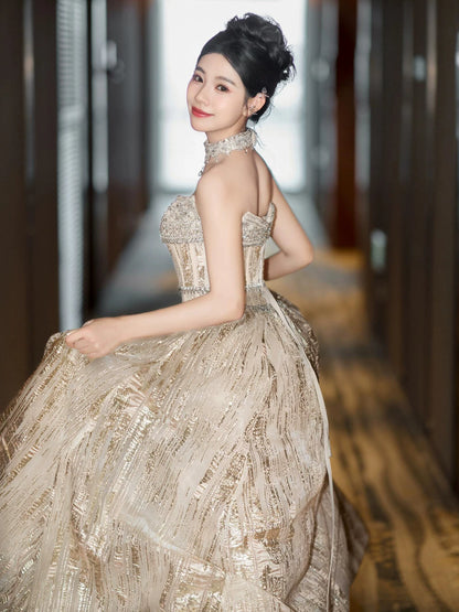 Bling Strapless Champagne Prom Dress Beading A-Line Formal Gowns AP7107