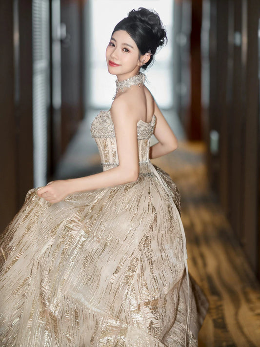Bling Strapless Champagne Prom Dress Beading A-Line Formal Gowns AP7107