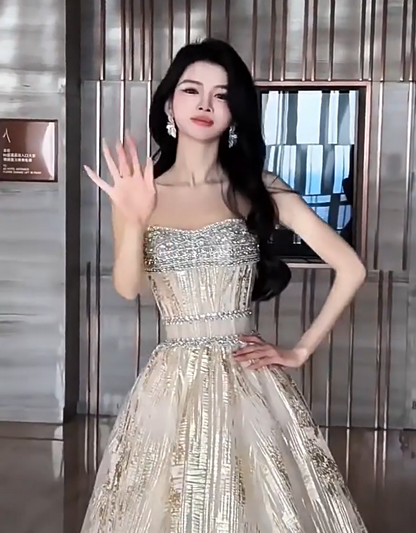 Bling Strapless Champagne Prom Dress Beading A-Line Formal Gowns AP7107