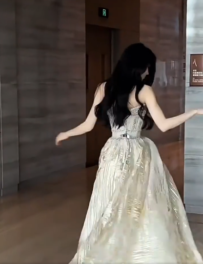 Bling Strapless Champagne Prom Dress Beading A-Line Formal Gowns AP7107