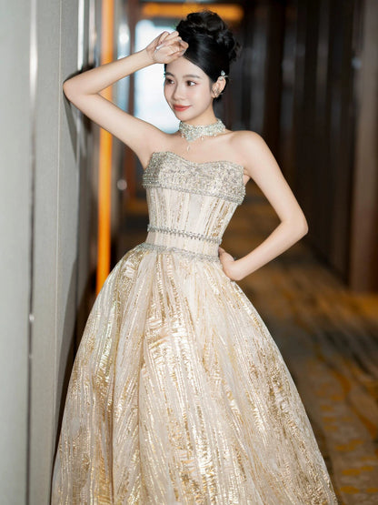 Bling Strapless Champagne Prom Dress Beading A-Line Formal Gowns AP7107