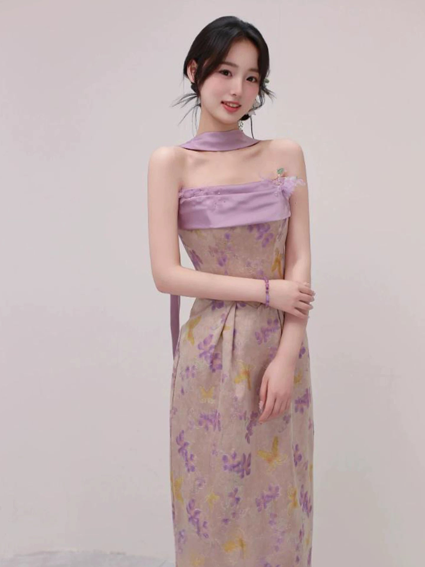 Stylish Strapless Sheath Floral Purple Prom Dress With Scarf Beads Evening Dress AP7108