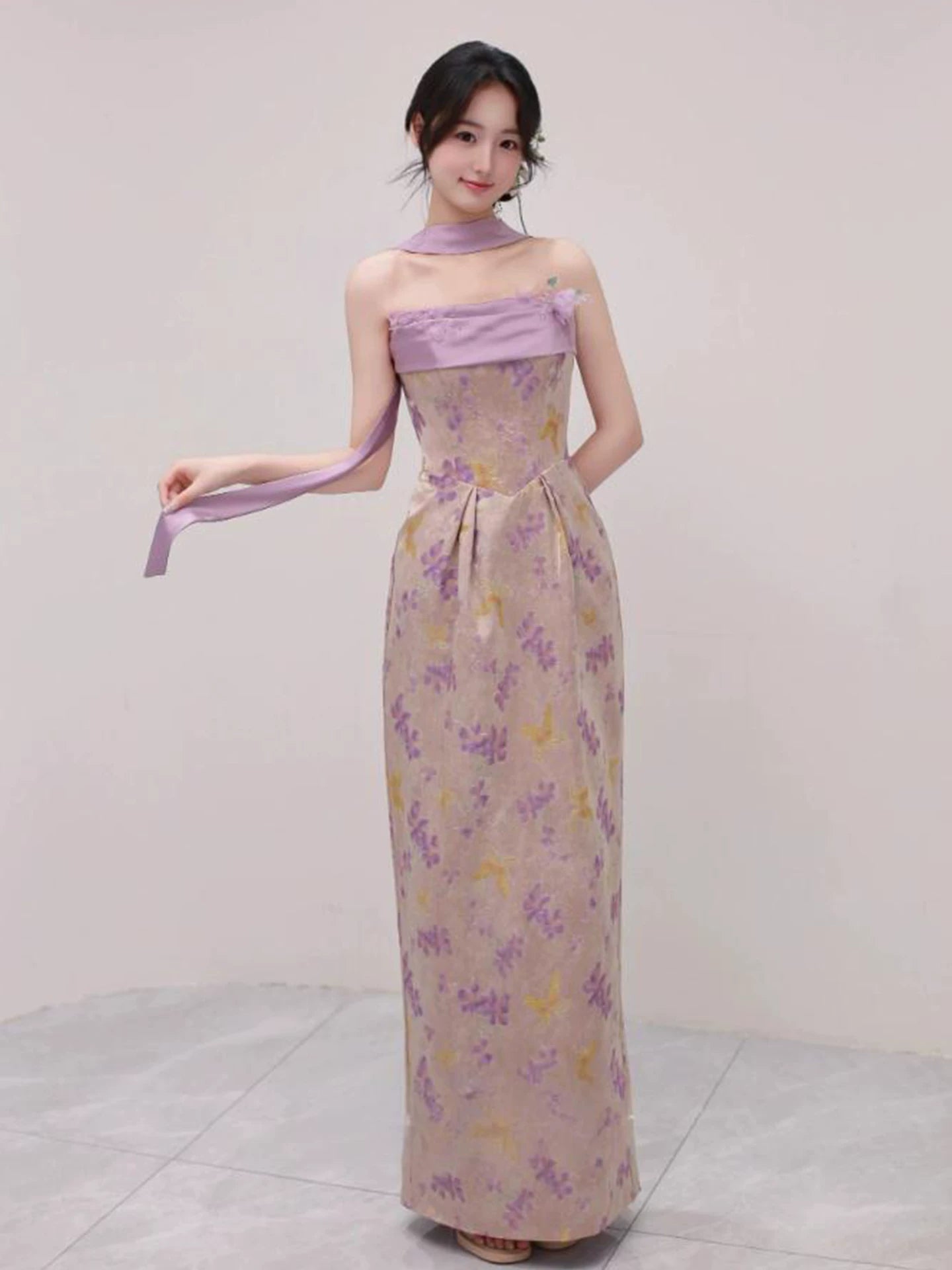 Stylish Strapless Sheath Floral Purple Prom Dress With Scarf Beads Evening Dress AP7108