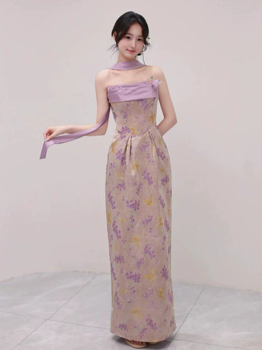 Stylish Strapless Sheath Floral Purple Prom Dress With Scarf Beads Evening Dress AP7108