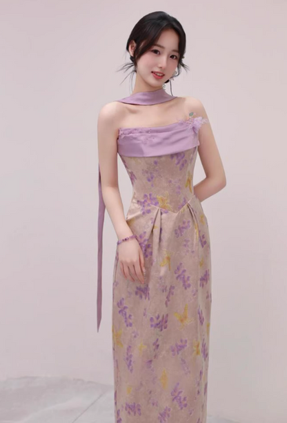Stylish Strapless Sheath Floral Purple Prom Dress With Scarf Beads Evening Dress AP7108