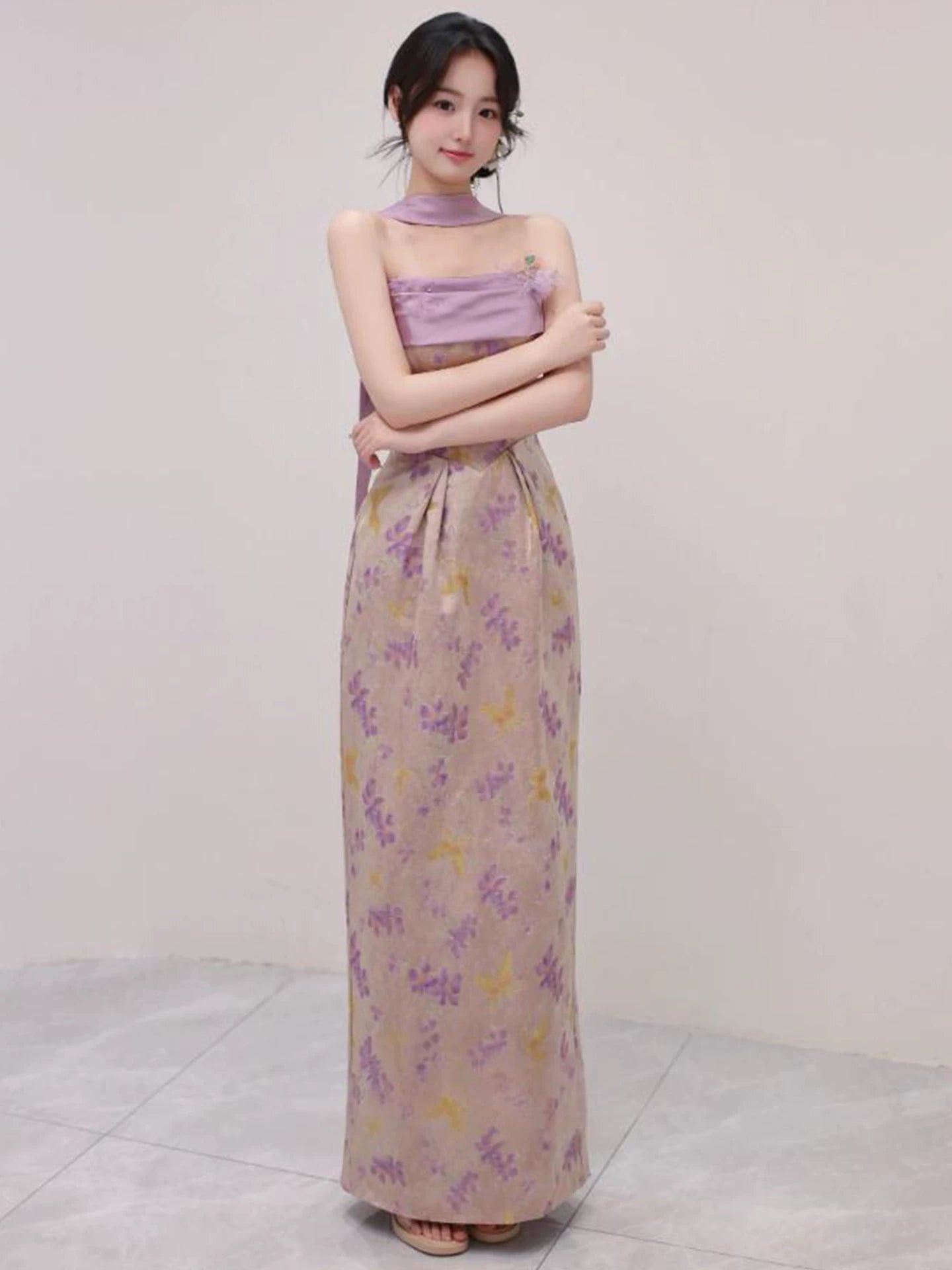 Stylish Strapless Sheath Floral Purple Prom Dress With Scarf Beads Evening Dress AP7108