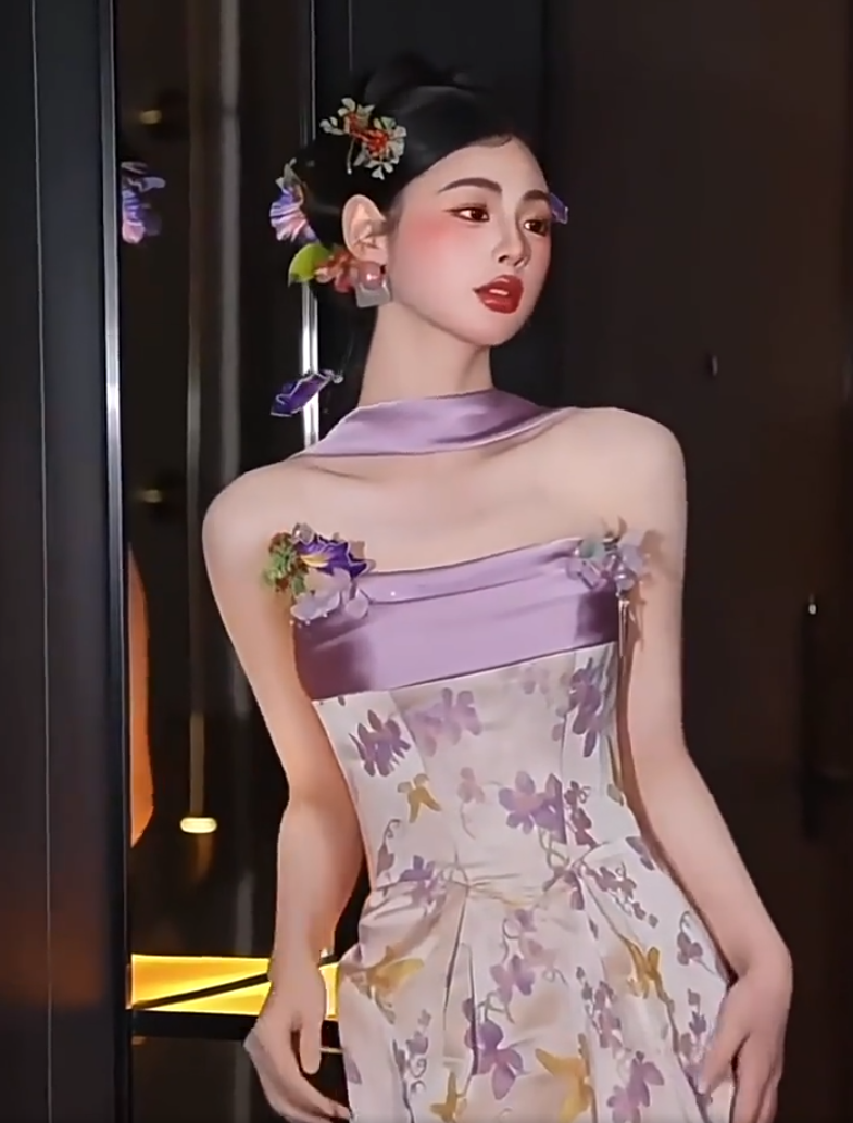 Stylish Strapless Sheath Floral Purple Prom Dress With Scarf Beads Evening Dress AP7108