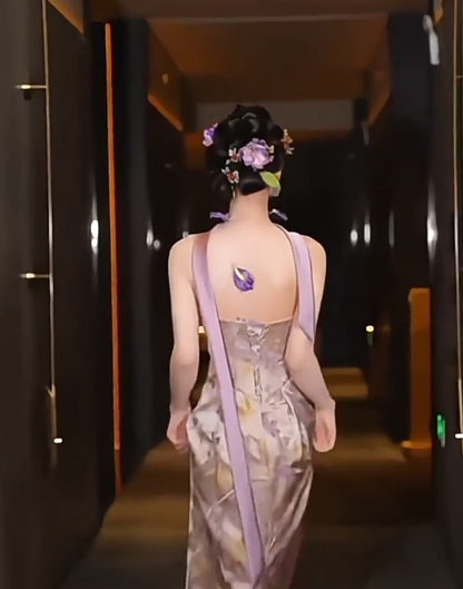 Stylish Strapless Sheath Floral Purple Prom Dress With Scarf Beads Evening Dress AP7108
