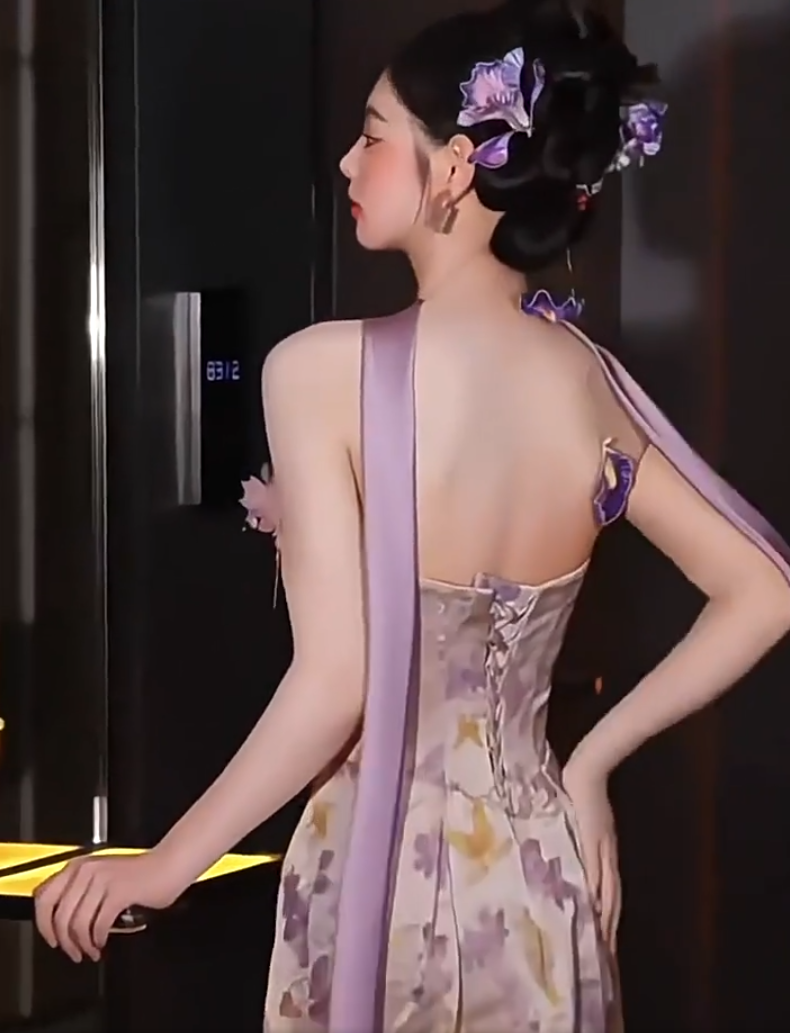 Stylish Strapless Sheath Floral Purple Prom Dress With Scarf Beads Evening Dress AP7108