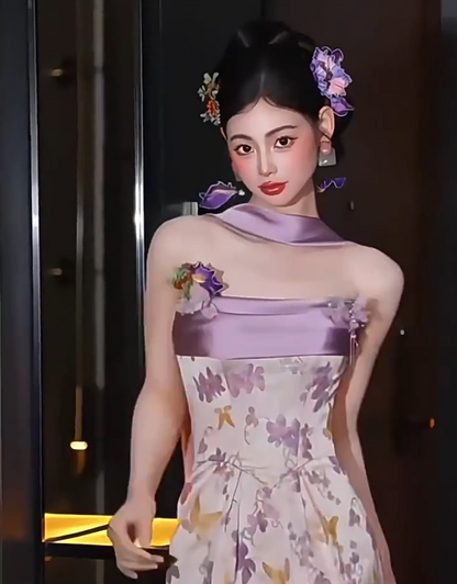 Stylish Strapless Sheath Floral Purple Prom Dress With Scarf Beads Evening Dress AP7108