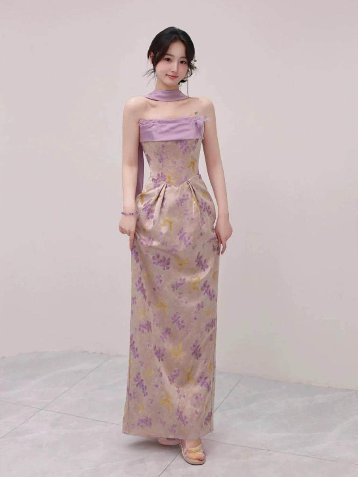 Stylish Strapless Sheath Floral Purple Prom Dress With Scarf Beads Evening Dress AP7108