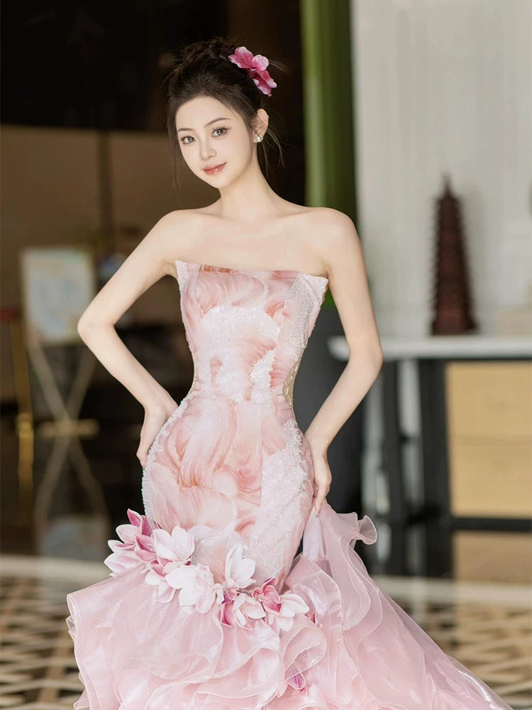 Fitted Strapless Appliques Pink Prom Dress Sequins Ruffles Mermaid Evening Dress AP7109